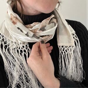 Vintage Silk Blend White Velvet & Sheer Peach Floral Scarf‎ / Wrap Fringe